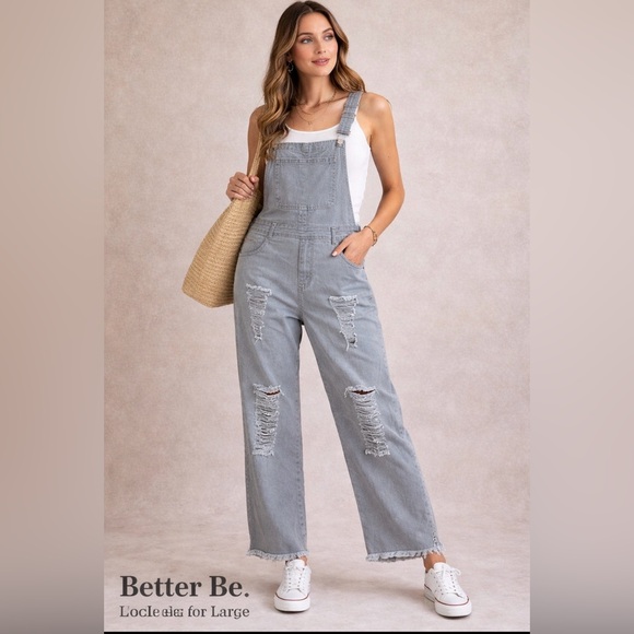 Better Be Denim - Distressed Wide Leg Denim Overalls Gray Size L Trendy Casual